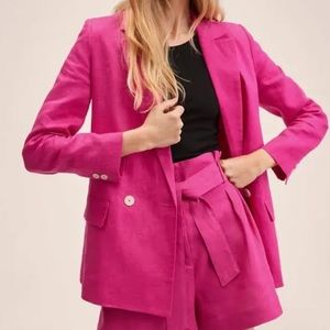 Mango Hot Pink 100% Linen Double Breasted Blazer Oversized Medium NWT